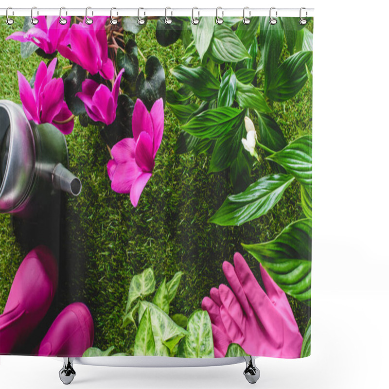 Personality  Top View Of Watering Can, Protective Gloves, Flowers And Rubber Boots Shower Curtains