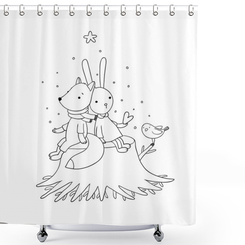 Personality  Fox, Rabbit And Bird Sitting On A Tree Stump. Shower Curtains