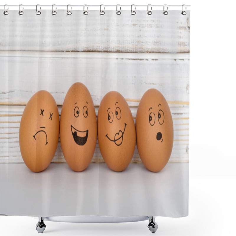 Personality  Brown Eggs With Cute Hand Drawn Funny Faces. Shower Curtains