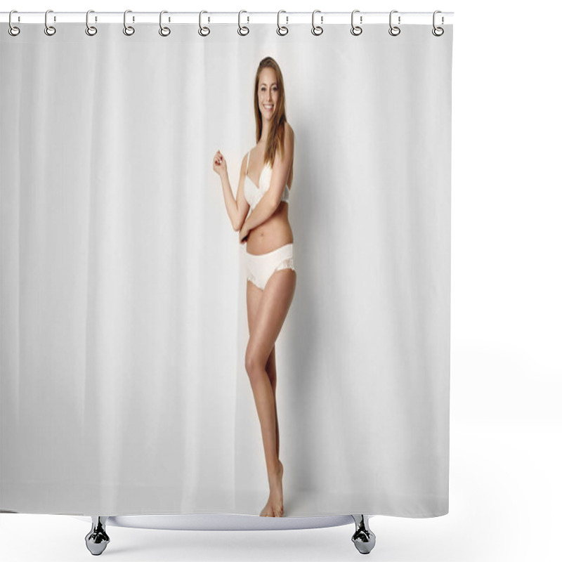 Personality  Young Woman In White Underwear Posing At Camera Shower Curtains