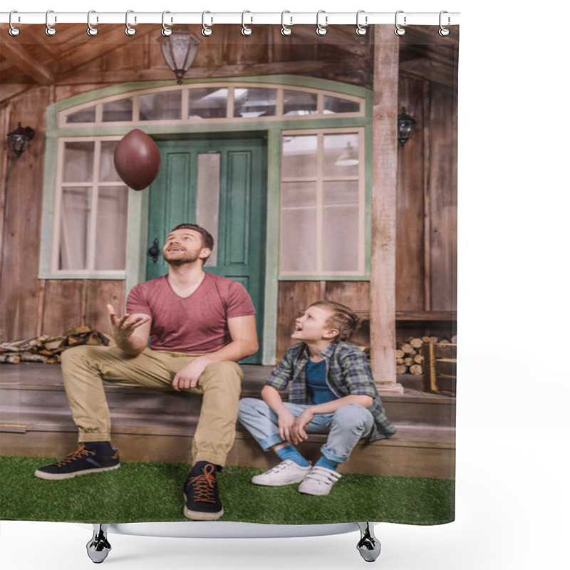 Personality  Father With Son Playing With Ball At Backyard Shower Curtains