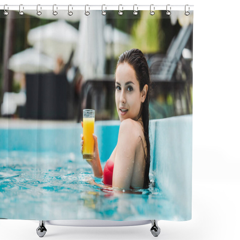 Personality  Selective Focus Of Happy Brunette Girl Holding Glass Of Orange Juice In Swimming Pool  Shower Curtains