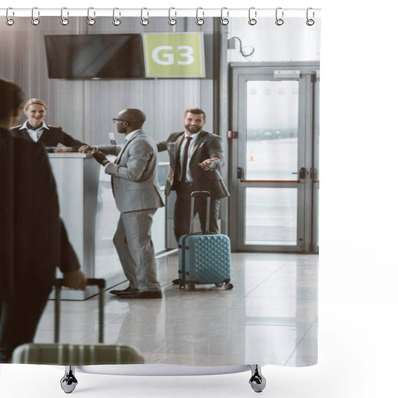 Personality  Businesspeople Standing At Airport Reception To Buy Tickets While Colleague Walking To Them Shower Curtains