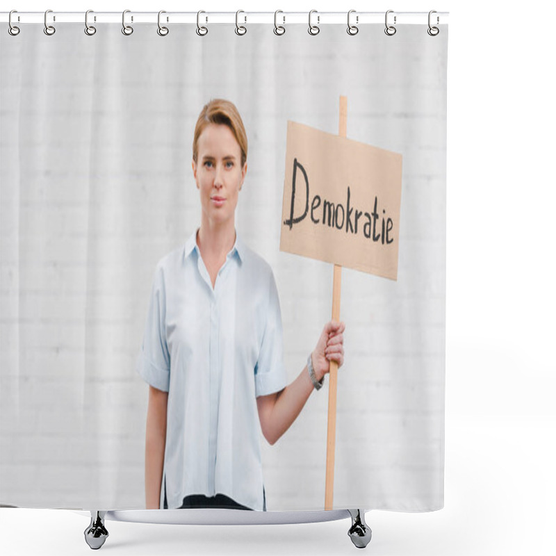 Personality  Attractive Woman Holding Placard With Demokratie Lettering Near Brick Wall  Shower Curtains