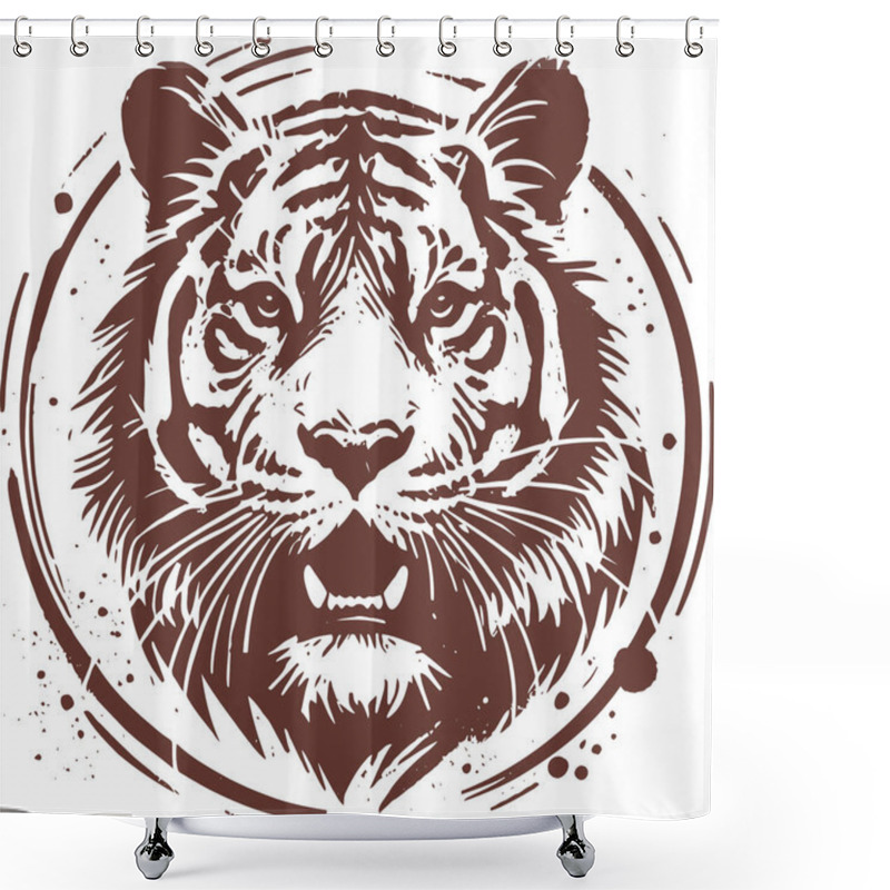 Personality  Detailed Brown Tiger Head Portrait In Style Circle Design Shower Curtains