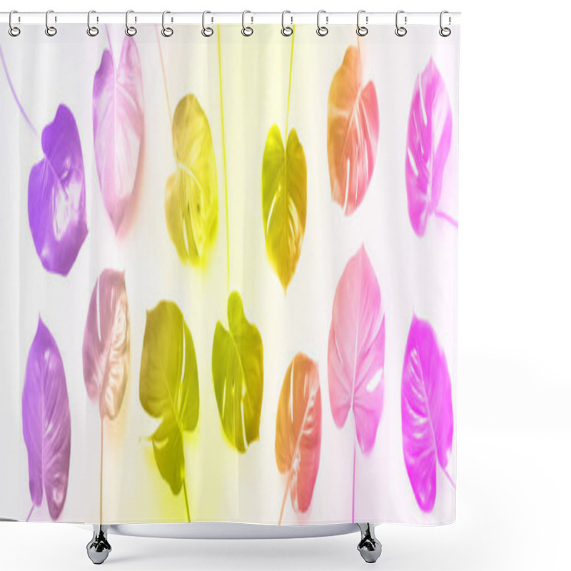 Personality  Pattern Of Tropical Monstera Leaves On Trendy Rainbow Gradient Background. Flat Lay. Top View. Pop Art Design, Creative And Exotic Summer Concept. Minimal Style. Banner In Neon Colors Shower Curtains