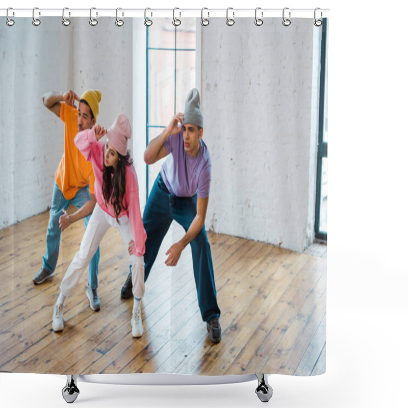 Personality  Young Multicultural Dancers Touching Hats While Breakdancing Shower Curtains