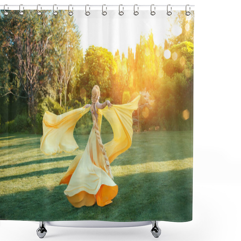 Personality  Bright Divine Sun Light. Art Fantasy Happy Woman Dancing Spinning Hand Raised Yellow Silk Dress, Cape Train Fluttering Fly In Wind. Blonde Girl Hairstyle Long Braid. Princess Rapunzel Back Rear View Shower Curtains