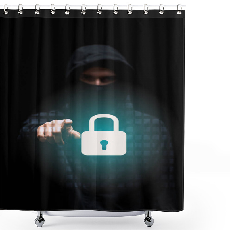 Personality  Selective Focus Of Hacker In Hood Pointing With Finger At Padlock Illustration On Black  Shower Curtains