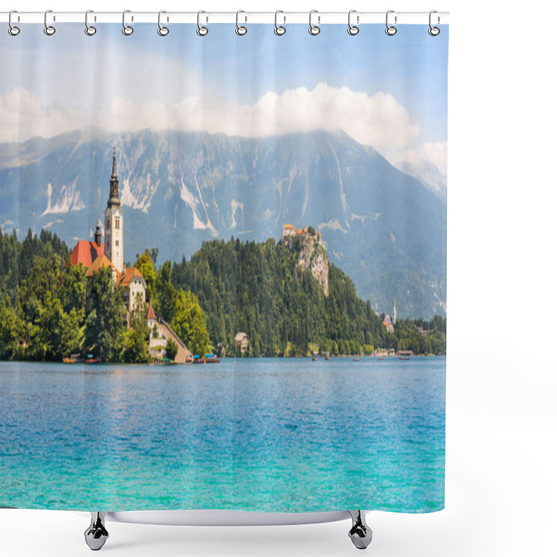 Personality  Catholic Church On Island On Bled Lake And Bled Castle Shower Curtains