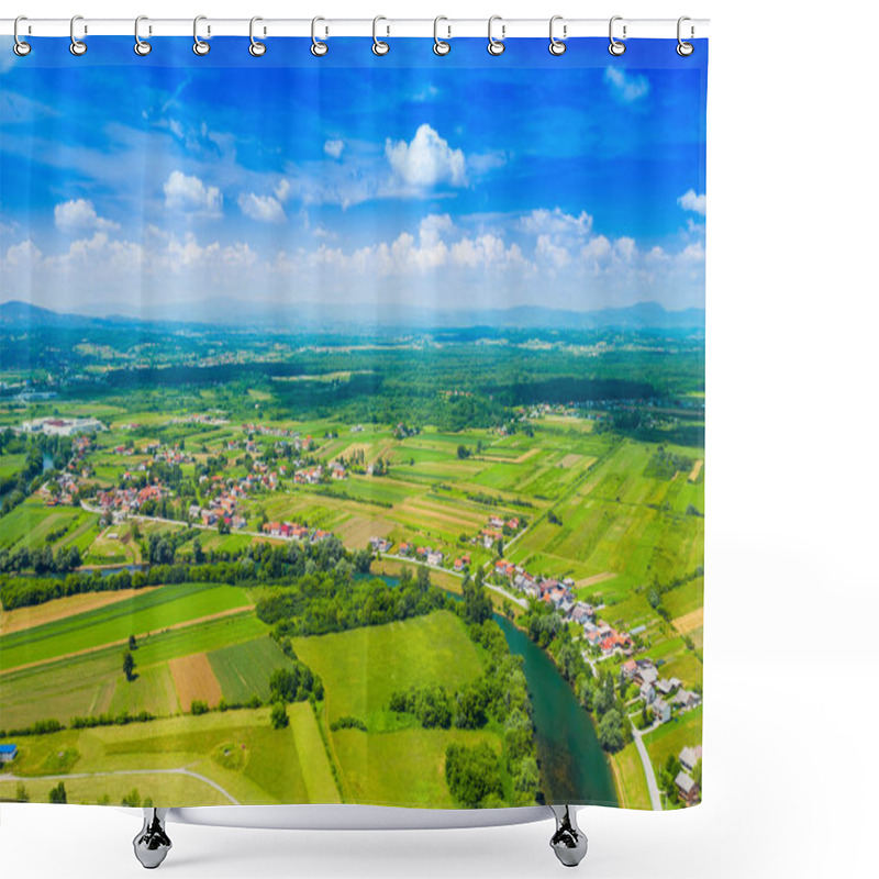 Personality  Rural Countryside Landscape In Croatia, Kupa River Meandering Between Agriculture Fields, Shot From Drone  Shower Curtains