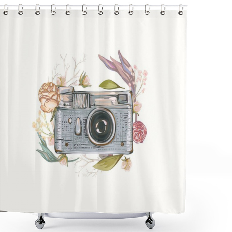 Personality  Vintage Retro Photo Camera In Flowers, Leaves, Branches On White Background. Watercolor Design, Flat Style. Hand Drawn Vector Illustration, Separated Elements In Collage Shower Curtains