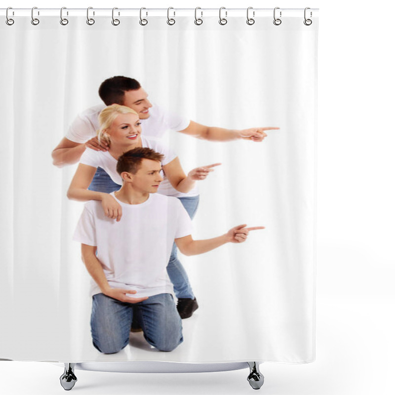 Personality  Group Of Happy People Pointing For Something Shower Curtains