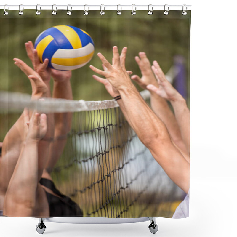 Personality  Group Of Young Friends Playing Beach Volleyball In A Beautiful Nature On The Bank Of The River Shower Curtains