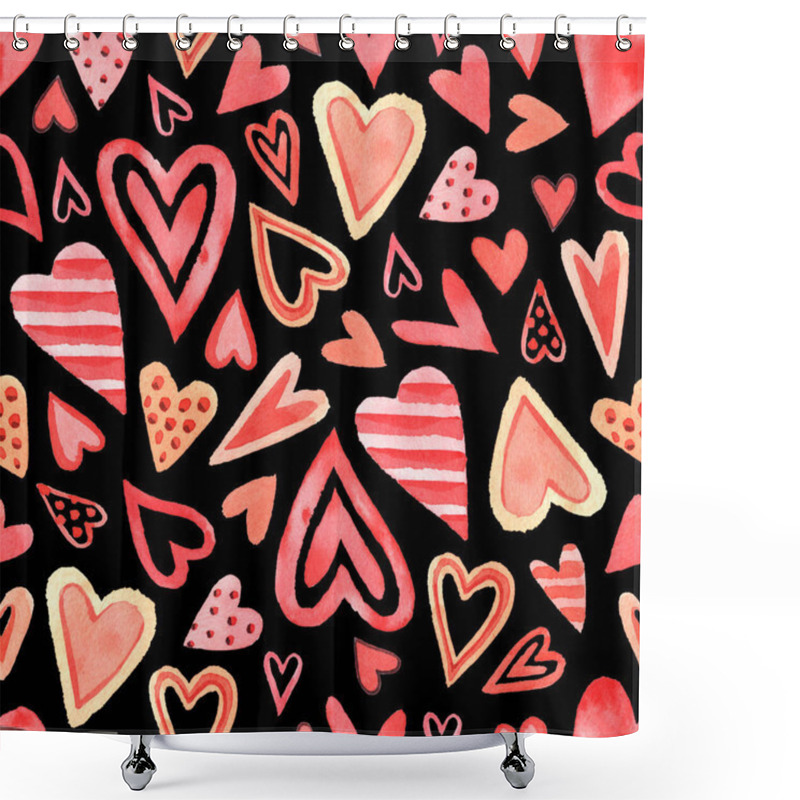 Personality  Watercolor Seamless Pattern With Elements For Valentine's Day On A Black Background.Hearts, Sweets, Balls, Gifts And Other Cute Items Shower Curtains