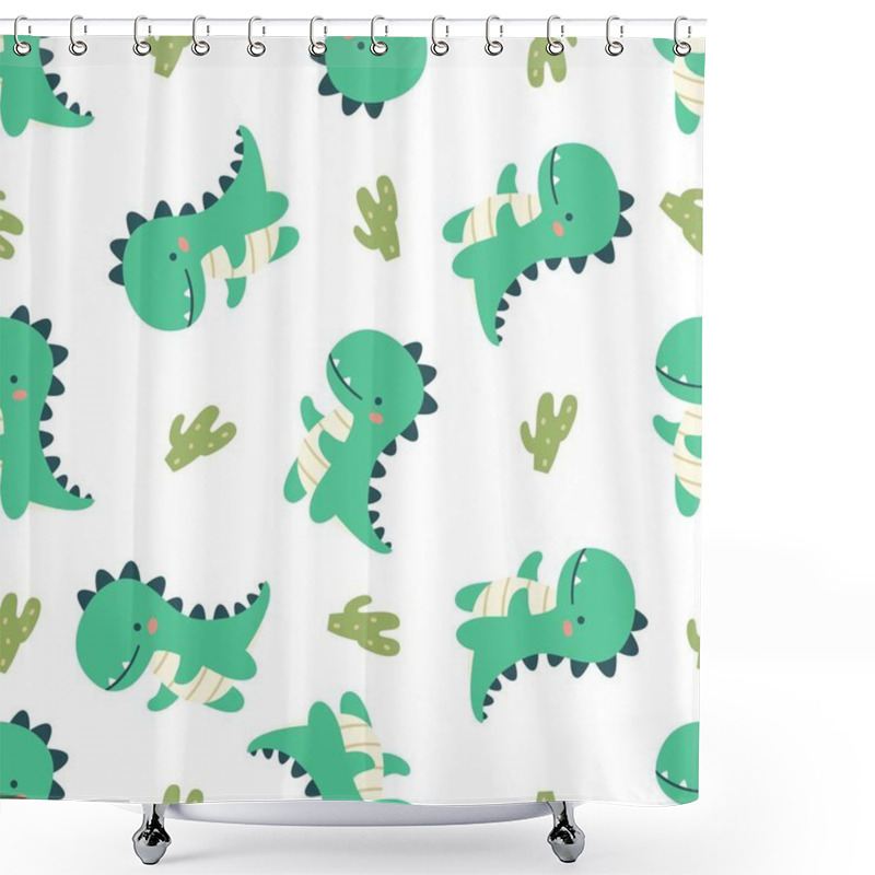 Personality  Seamless Vector Pattern In Child Style On White Background. Cute Dinosaur And Cacti. . Vector Illustration Shower Curtains