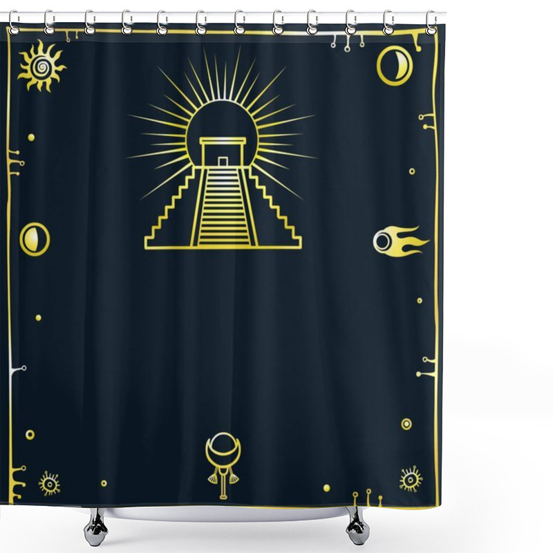 Personality  Vector Illustration: A Silhouette Of The Mexican Pyramid On A Black Background. Gold Imitation. Shower Curtains