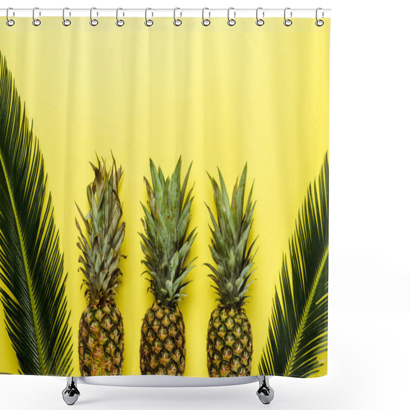 Personality  Top View Of Green Palm Leaves And Ripe Pineapples On Yellow Background Shower Curtains