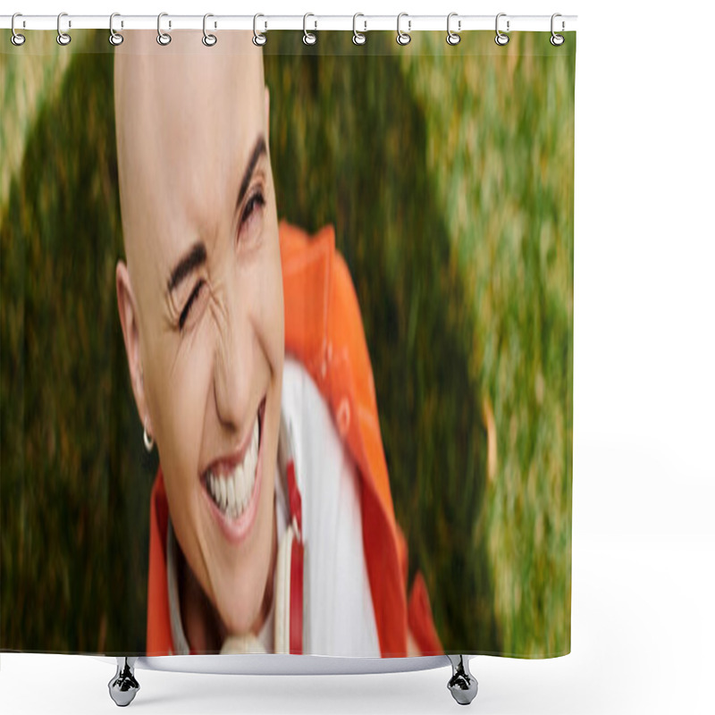 Personality  A Cheerful Bald Woman With Alopecia Beams With Joy While Soaking Up The Sun In The Park. Shower Curtains