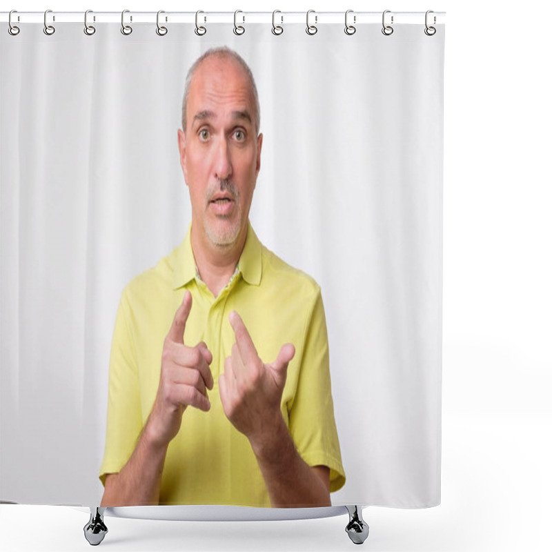 Personality  Mature Hispanic Man Counting On Fingers. He Is Trying To Explain His Opinion Shower Curtains