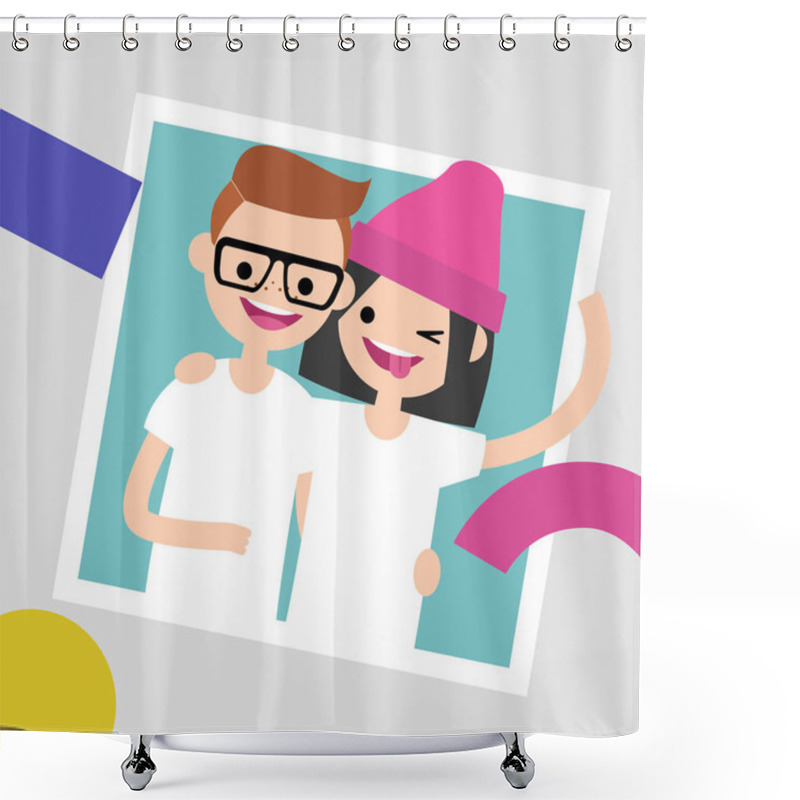 Personality  Best Friends Photo Frame. Two Young Friends Hugging Each Other. Flat Editable Vector Illustration, Clip Art Shower Curtains