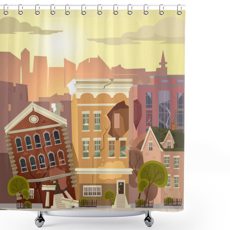 Personality  Ruined City. Vector Flat Cartoon Illustration Shower Curtains