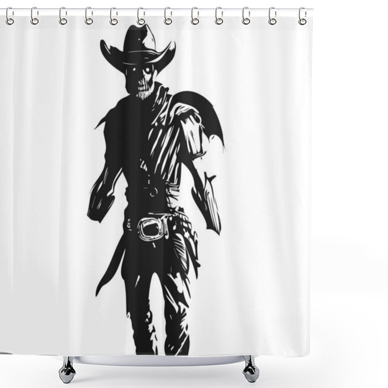 Personality  Badass Cowboy Skeleton Tattoo Hand Drawn Vector Black And White Clip Ar Shower Curtains