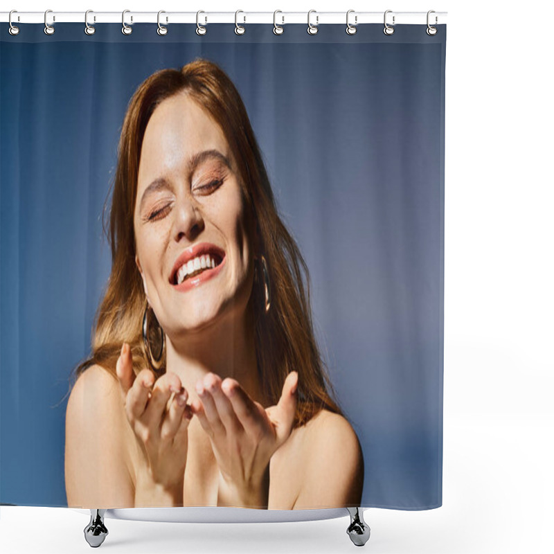 Personality  Pretty Attractive Woman Sending Blow Kisses With Closed Eyes To Camera, On Blue Background Shower Curtains