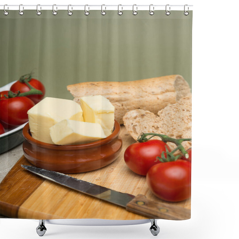 Personality  Bread And Butter, Delicious Organic Home Made Bread And Butter With Ripe Tomatoes On Wooden Board Shower Curtains