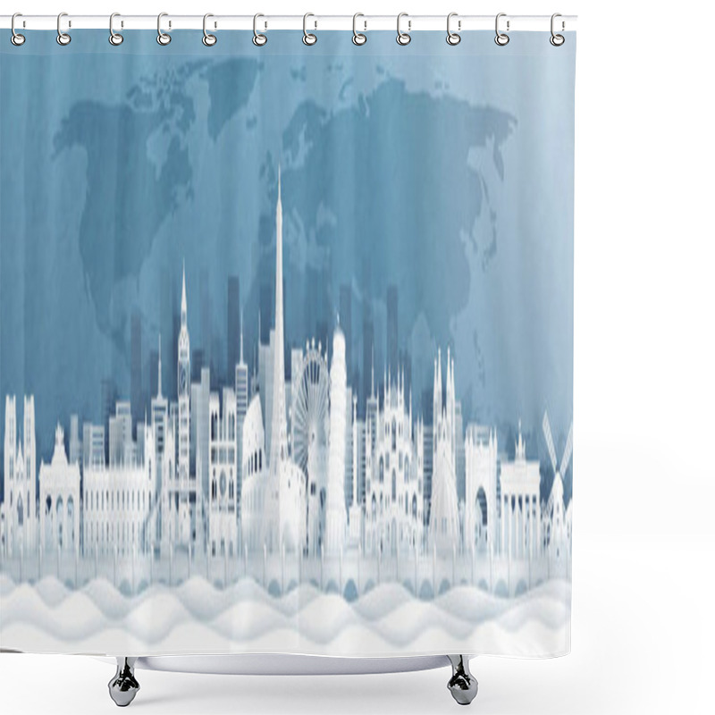 Personality  Panorama View Of Europe World Famous Landmarks In Paper Cut Style Vector Illustration. Shower Curtains