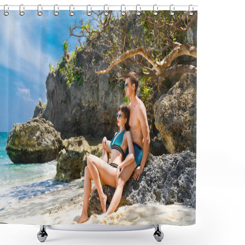 Personality  Young Couple In Bathing Suits On Rocks On A Tropical Island. Sum Shower Curtains