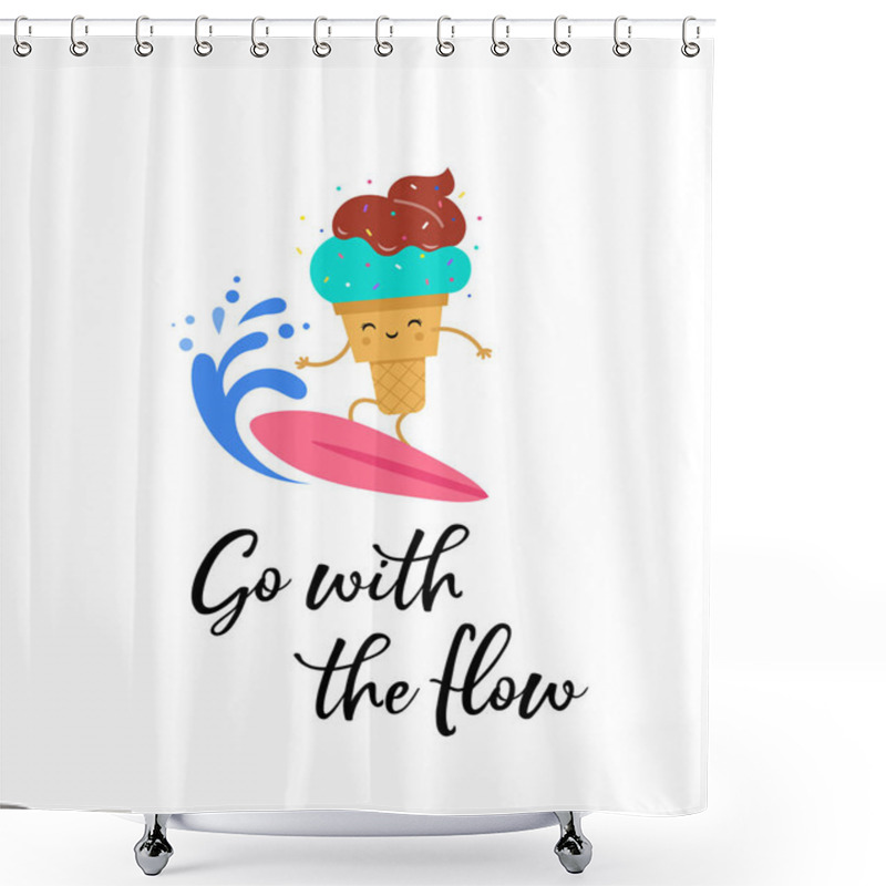 Personality  Happy Ice Cream Character On The Surf Board, Poster And Shirt Design Shower Curtains