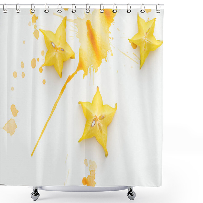 Personality  Top View Of Three Star Fruits On White Surface With Yellow Paint Splashes Shower Curtains