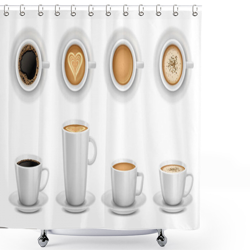 Personality  Realistic 3D Cups Of Coffee. White Ceramic Cup Of Cappuccino, Latte Art And Coffee Shop Promotion Mockup Isolated Vector Illustration Set. Tasty Americano, Fresh Aromatic Hot Drink Shower Curtains