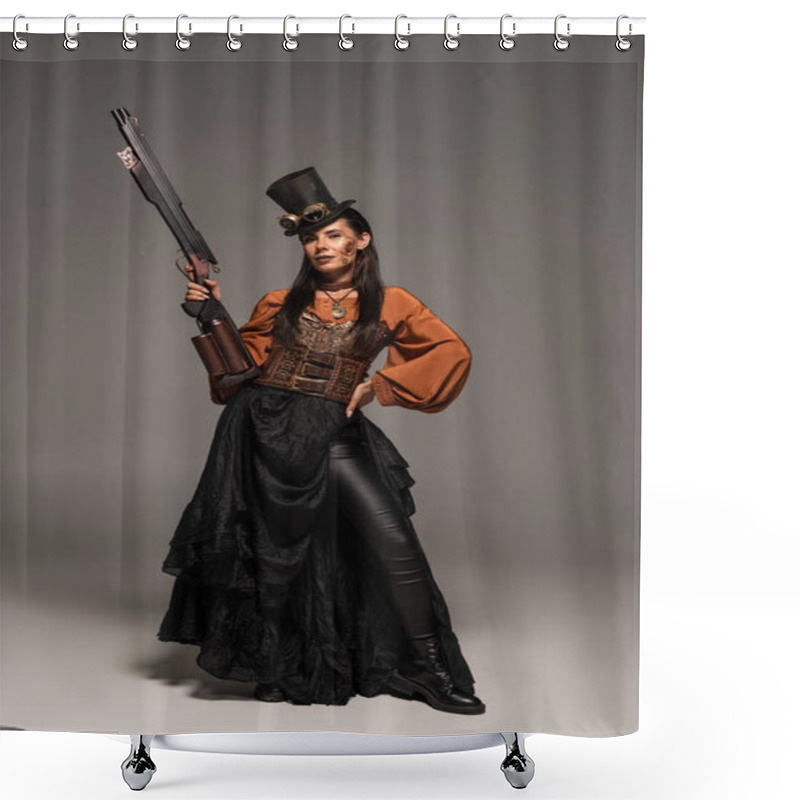 Personality  Full Length View Of Attractive Steampunk Woman In Top Hat Holding Gun And Standing With Hand On Hip On Grey Shower Curtains