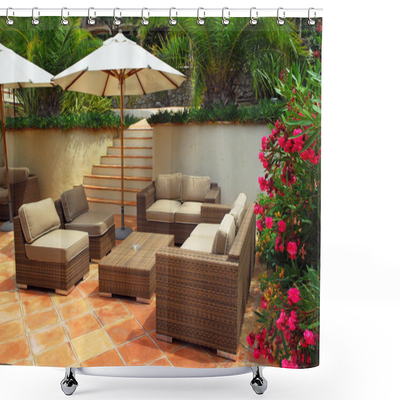 Personality  Patio Of Mediterranean Villa In French Riviera With Wicker Furniture Shower Curtains