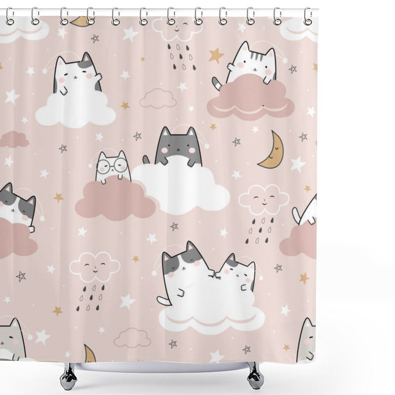 Personality  Seamless Pattern Kawaii Cute Cats Sleeping, Cartoon Animals Background, Vector Illustration. Good Night Collection Shower Curtains