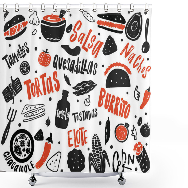 Personality  Mexican Street Food Illustration With Hand Drawn Lettering And Elements. Of Different Mexican Dishes. Typography Poster. Shower Curtains