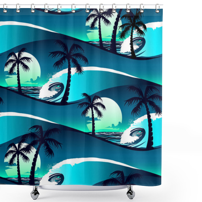 Personality  Tropical Hibiscus And Palm Trees At Sunset Seamless Pattern Shower Curtains