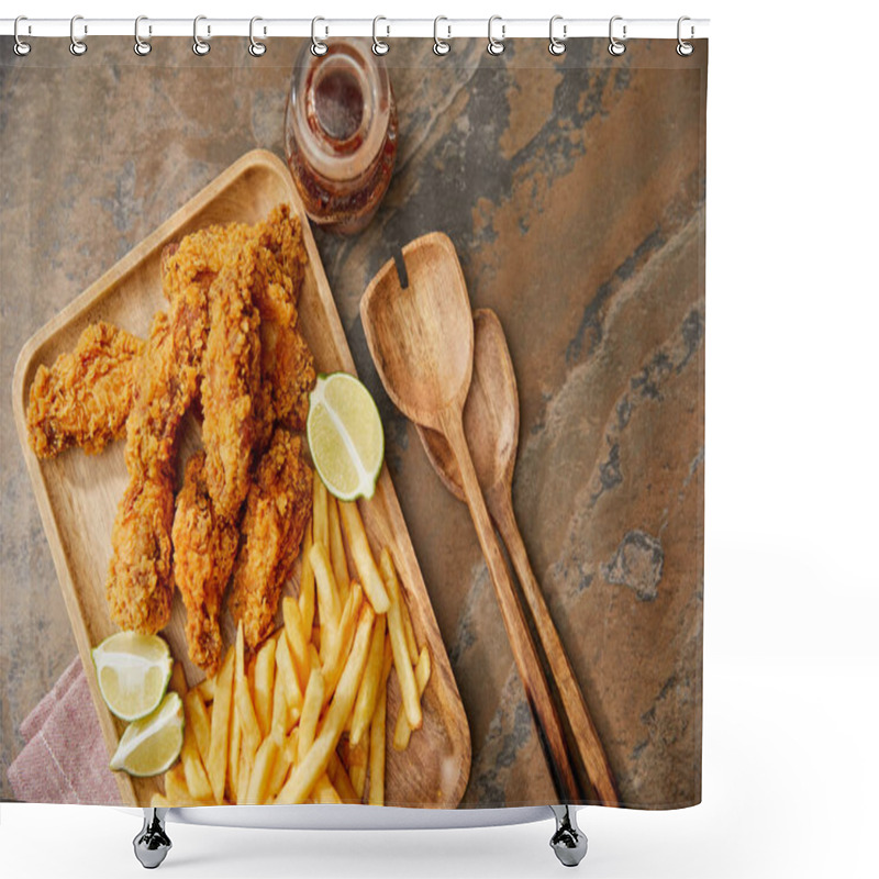 Personality  Top View Of Wooden Board With Delicious Chicken Nuggets, French Fries And Lime On Stone Surface With Spatulas Shower Curtains