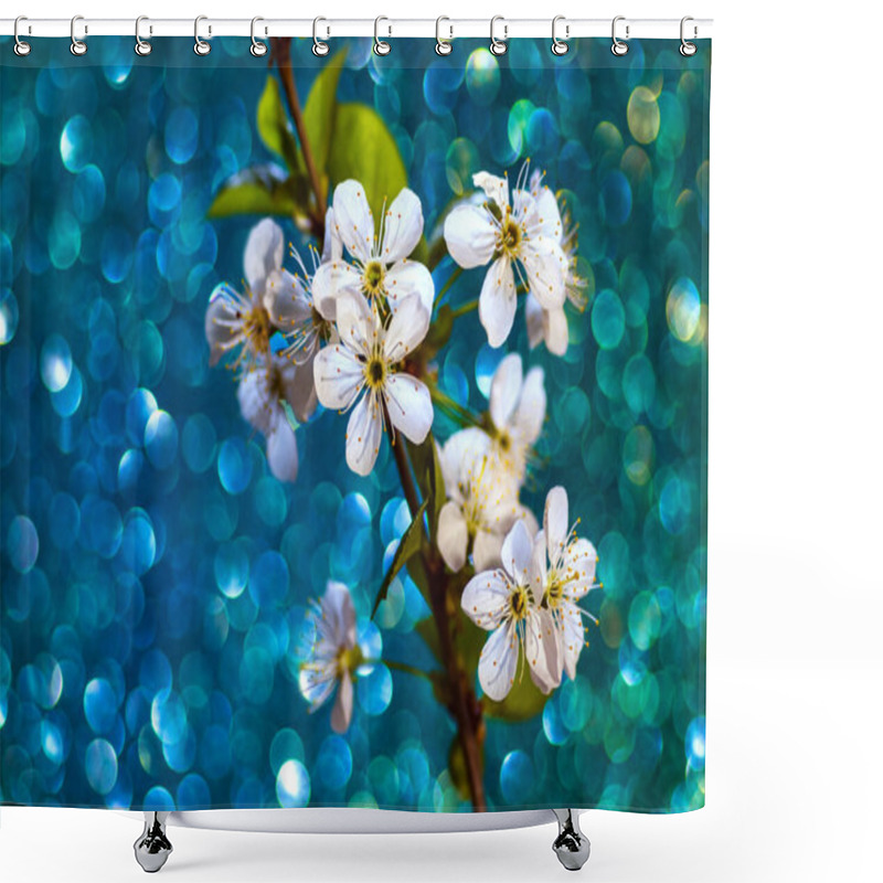 Personality  Blossoming Branch Of Cherry Tree On Shimmering Bokeh Background. Photo Of Spring Flowers Of White Cherry On Blurred Teal Backdrop. Shower Curtains