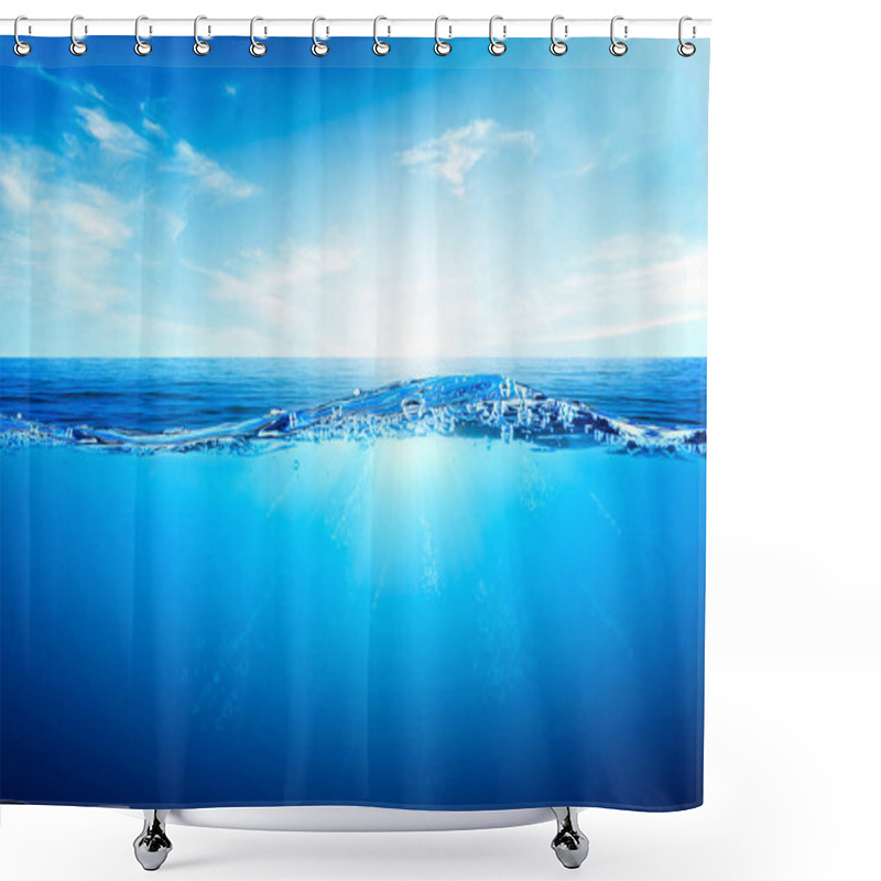 Personality  BLUE UNDER WATER Waves And Bubbles. Beautiful White Clouds On Blue Sky Over Calm Sea With Sunlight Reflection, Tranquil Sea Harmony Of Calm Water Surface. Sunny Sky And Calm Blue Ocean. Shower Curtains