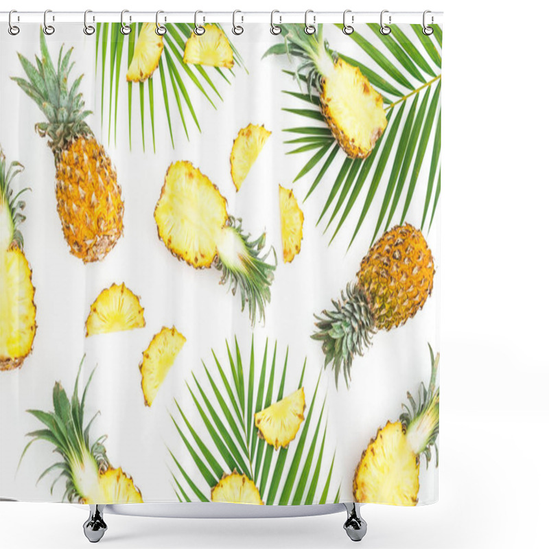 Personality  Tropical Food Pattern Made Of Pineapple Fruits With Palm Leaves On White Background. Flat Lay, Top View. Shower Curtains