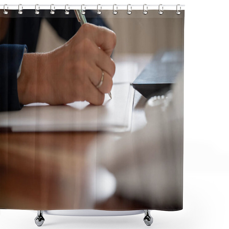 Personality  Low Angle Closeup View Of A Caucasian Businesswoman Or Lawyer Writing A Report Or Document With A Pen Working At Her Desk. Shower Curtains