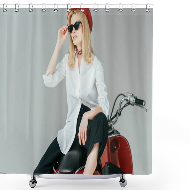 Personality  Attractive Young Woman Sitting On Retro Scooter Isolated On Grey Shower Curtains