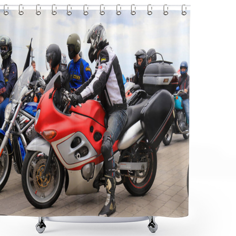 Personality  Motorcyclists On Cool Motorbikes, In Helmets And Leather Jackets, Open The Motorcycle Season, Motorcycling In Motorcycle Racing. Dnipro, Ukraine, 11 05, 2019. Shower Curtains