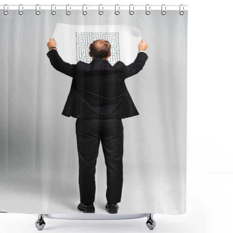 Personality  Back View Of Businessman In Suit Looking At Paper With Labyrinth On Grey Background  Shower Curtains