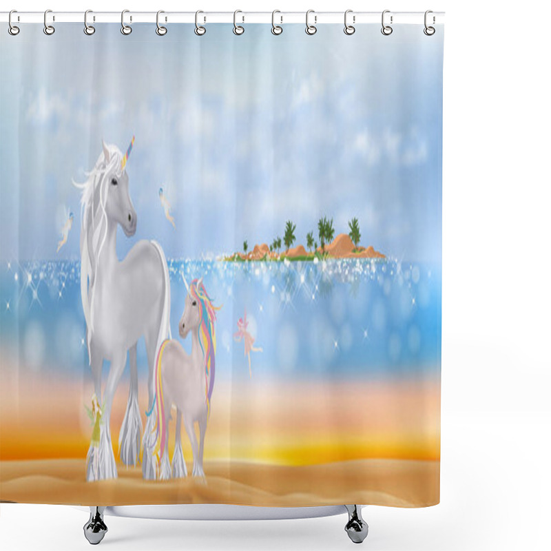 Personality  Unicorn Family Walking On Sand Beach Cute Little Fairies Flying In The Morning,Tropical Sea With Blue Ocean, Coconut Palm Tree On Island,Vector Wonderland Seaside Background For Kids On Summer Holiday Shower Curtains