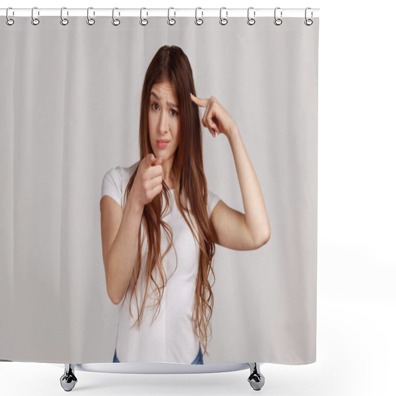 Personality  You're Idiot With Insane Crazy Plan. Displeased Woman Showing Stupid Gesture And Pointing To Camera, Accusing Of Dumb Idea, Wearing White T-shirt. Indoor Studio Shot Isolated On Gray Background. Shower Curtains