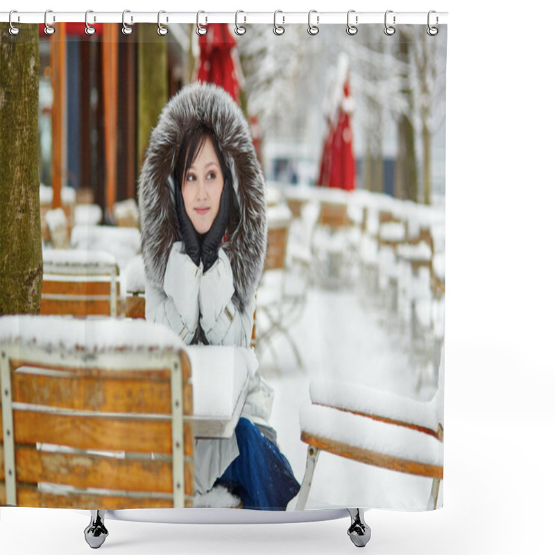 Personality  Girl Enjoying Rare Snowy Winter Day In Paris Shower Curtains